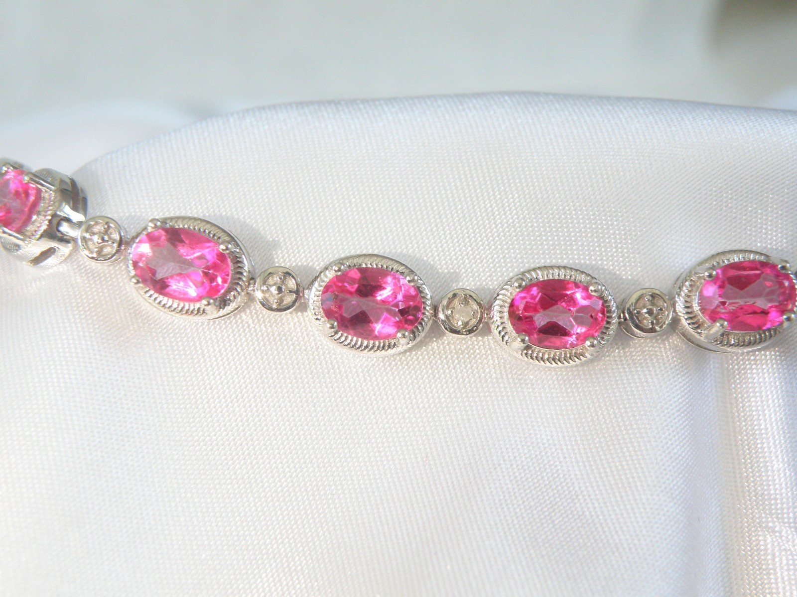 Sterling Silver 925 Natural Pink Topaz Diamond Tennis Bracelet 7.5″