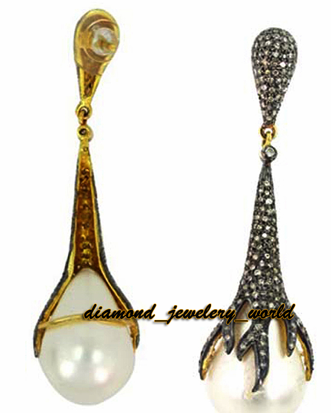 Stunning 2.39ctw Rose Cut Diamond Pearl Studded Silver Victorian Earring Jewelry