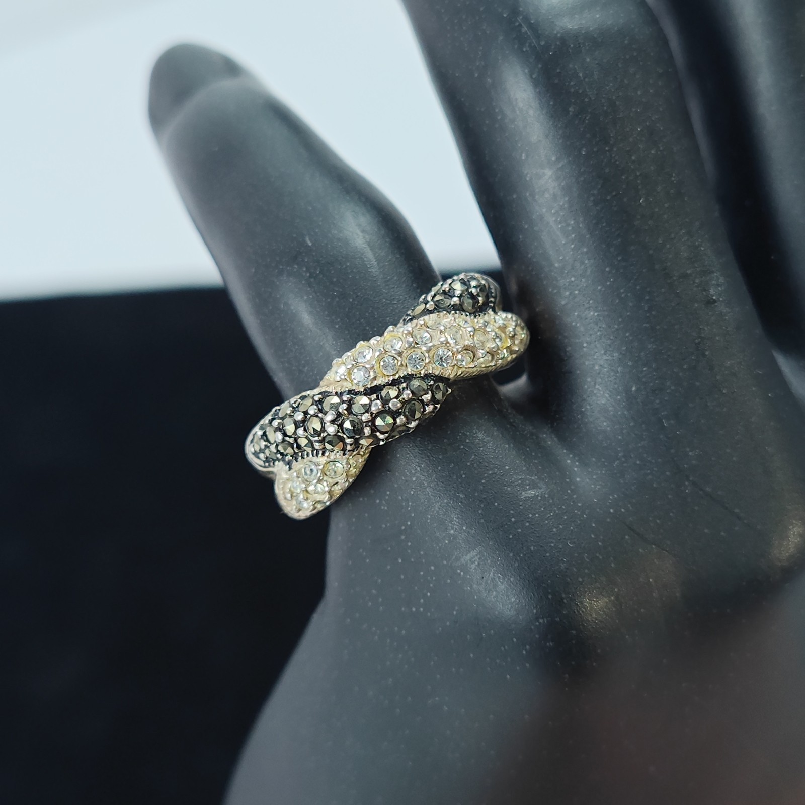 Sterling Silver Ladies Ring Marcasite & Clear CZ Pave Braided 2-tone Sz 7.5