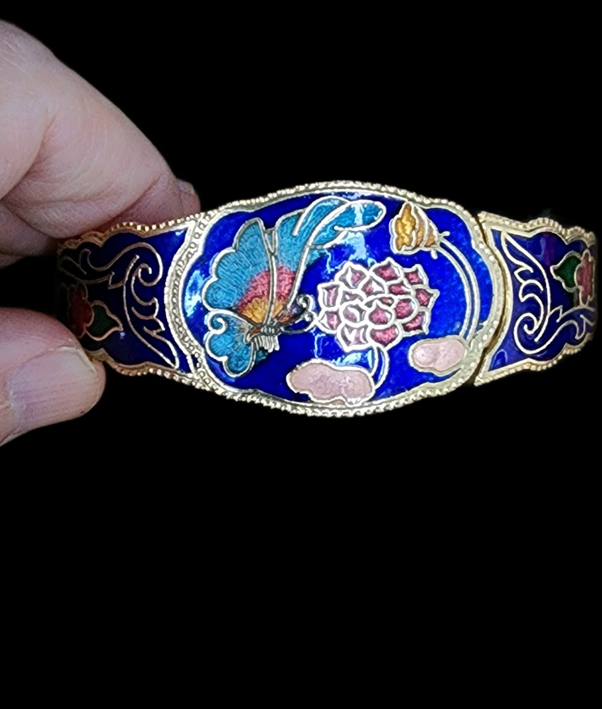 Vintage Cloisonne Cobalt Blue Floral Butterfly Enamel Bracelet Gold Tone