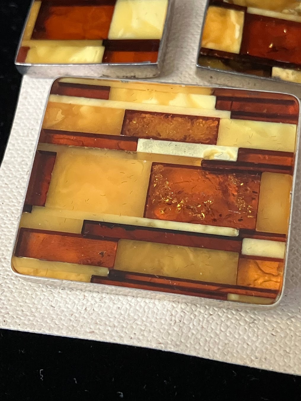 Vintage Baltic Amber Brooch Earring Clip On Set Mosaic Sterling Silver
