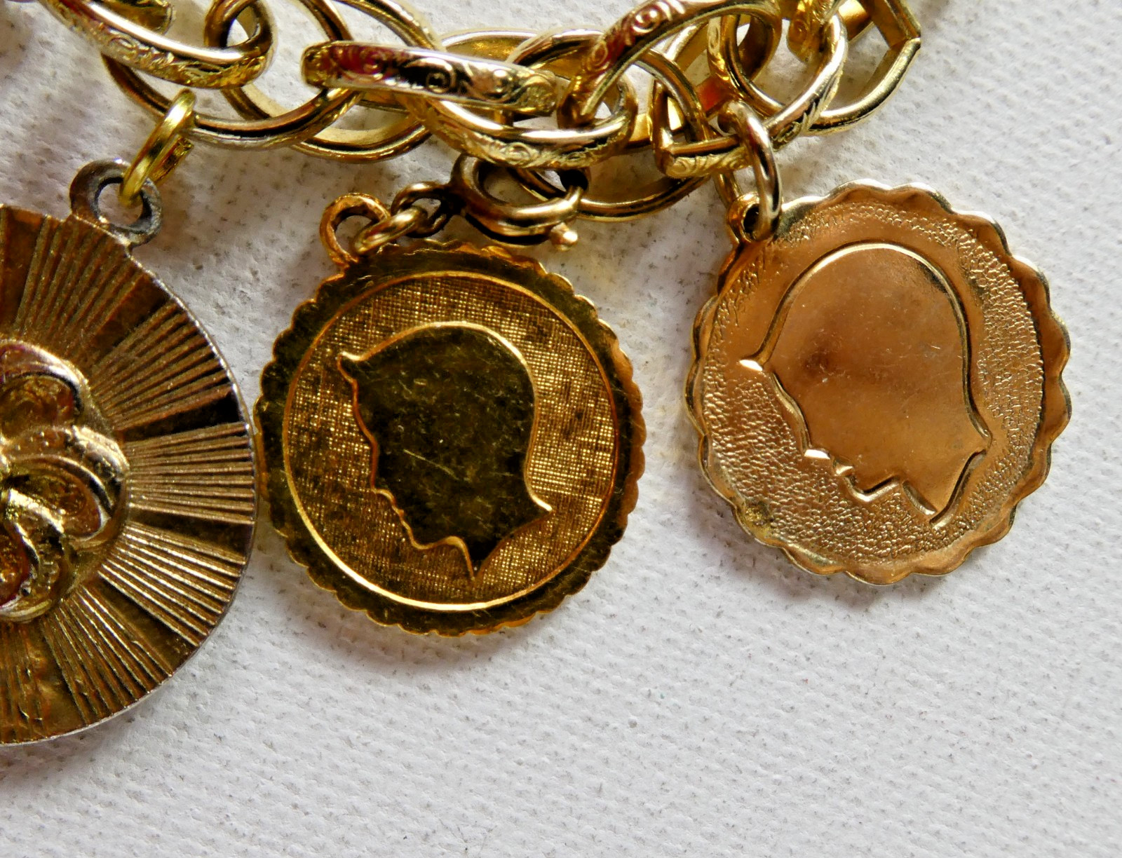 Vintage Heavy Charm Bracelet All Round Charms Gold Plated Engravable Good Luck