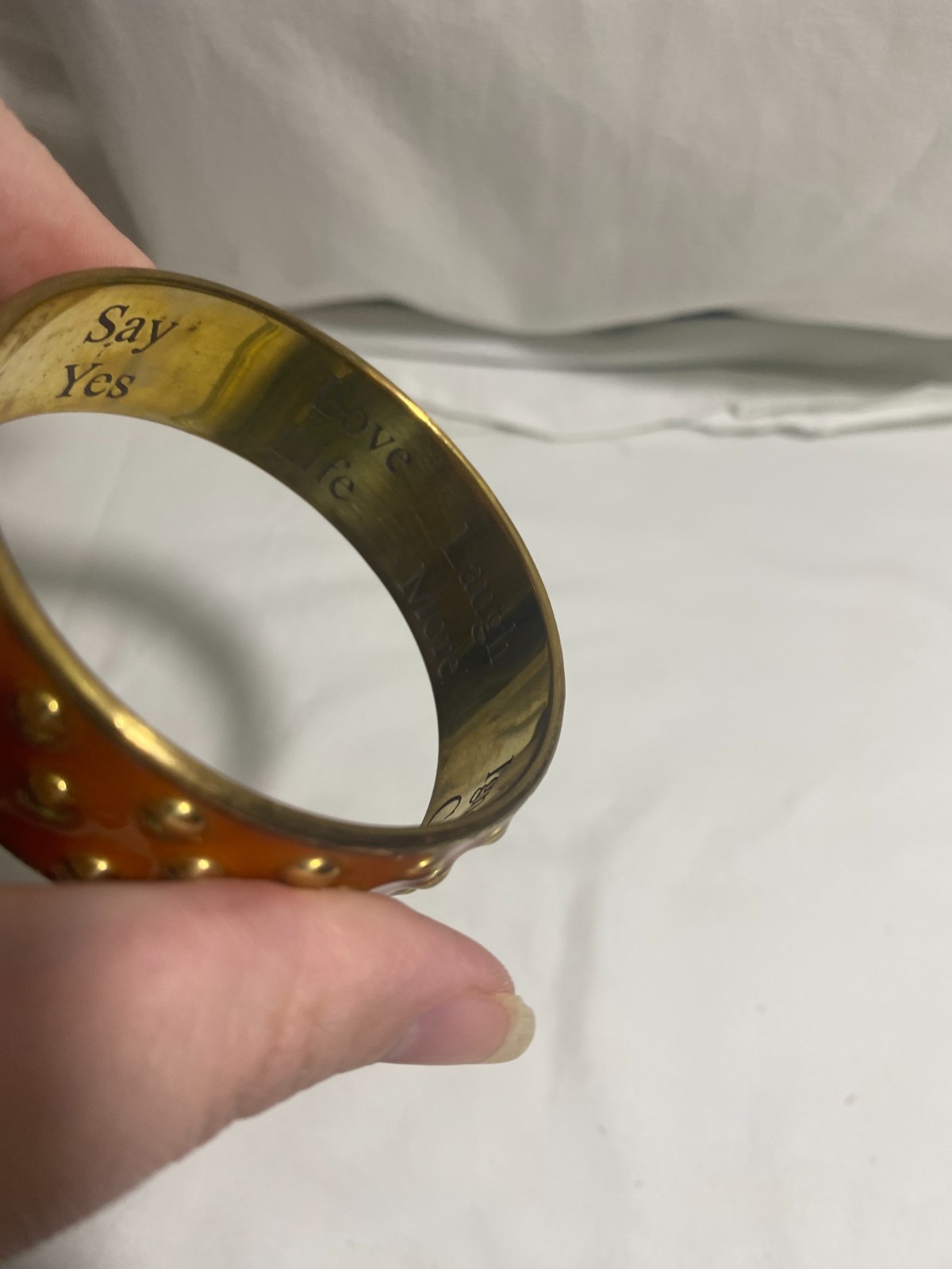 Vintage Inspirational Orange Enamel Studded Bangle Bracelet “Say Yes Love Life”