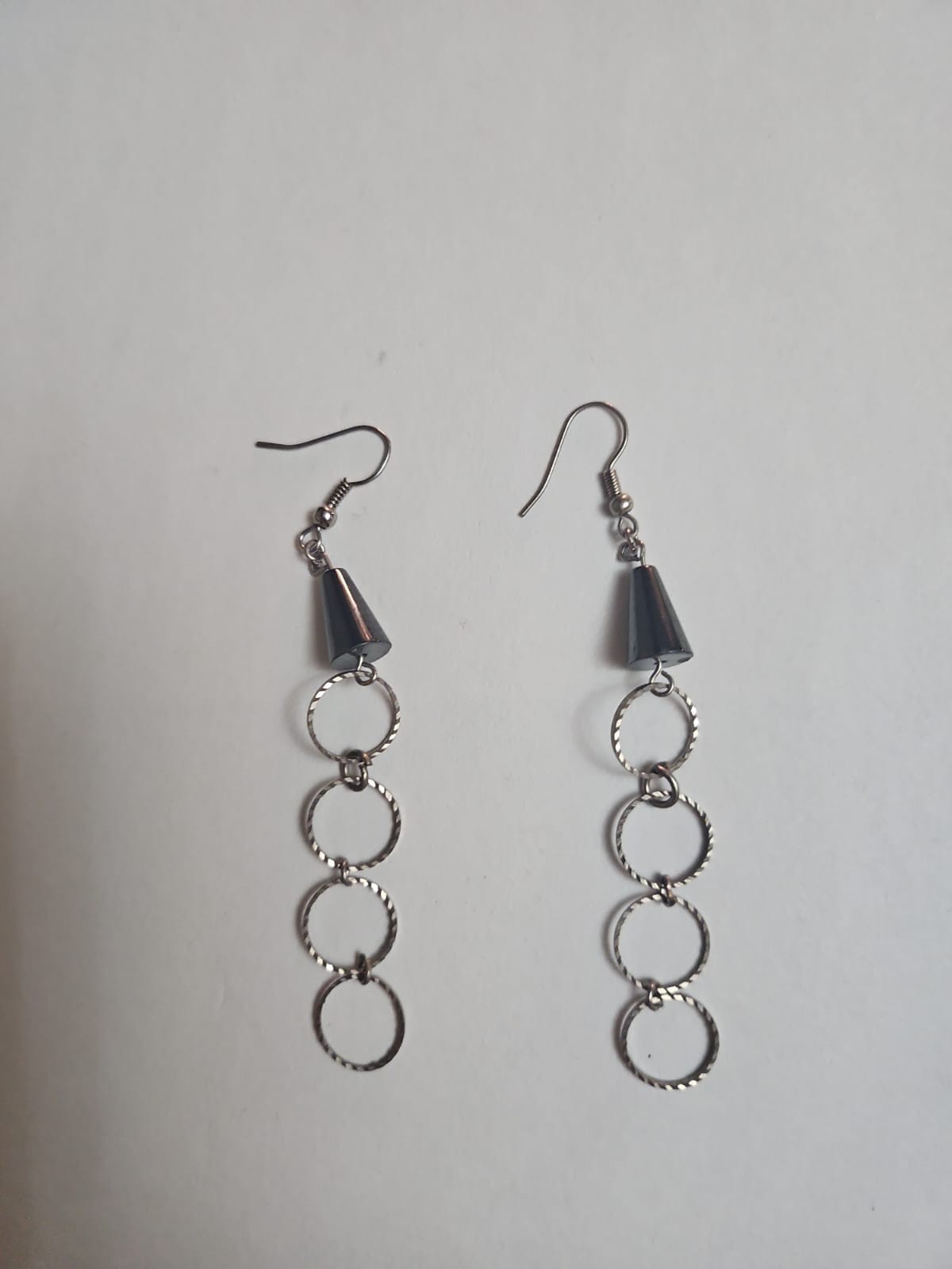 Vintage Silver Tone Hematite Dangle Earrings Long Open Circle Drop Boho Minimali
