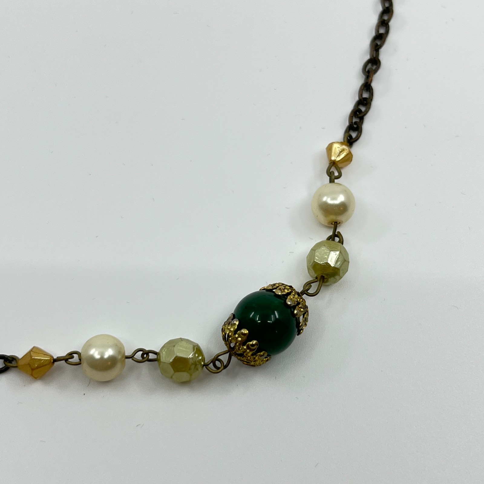 Vintage Earth Tone Beaded Necklace Green Gold Faux Pearl Bronze Tone Chain Retro