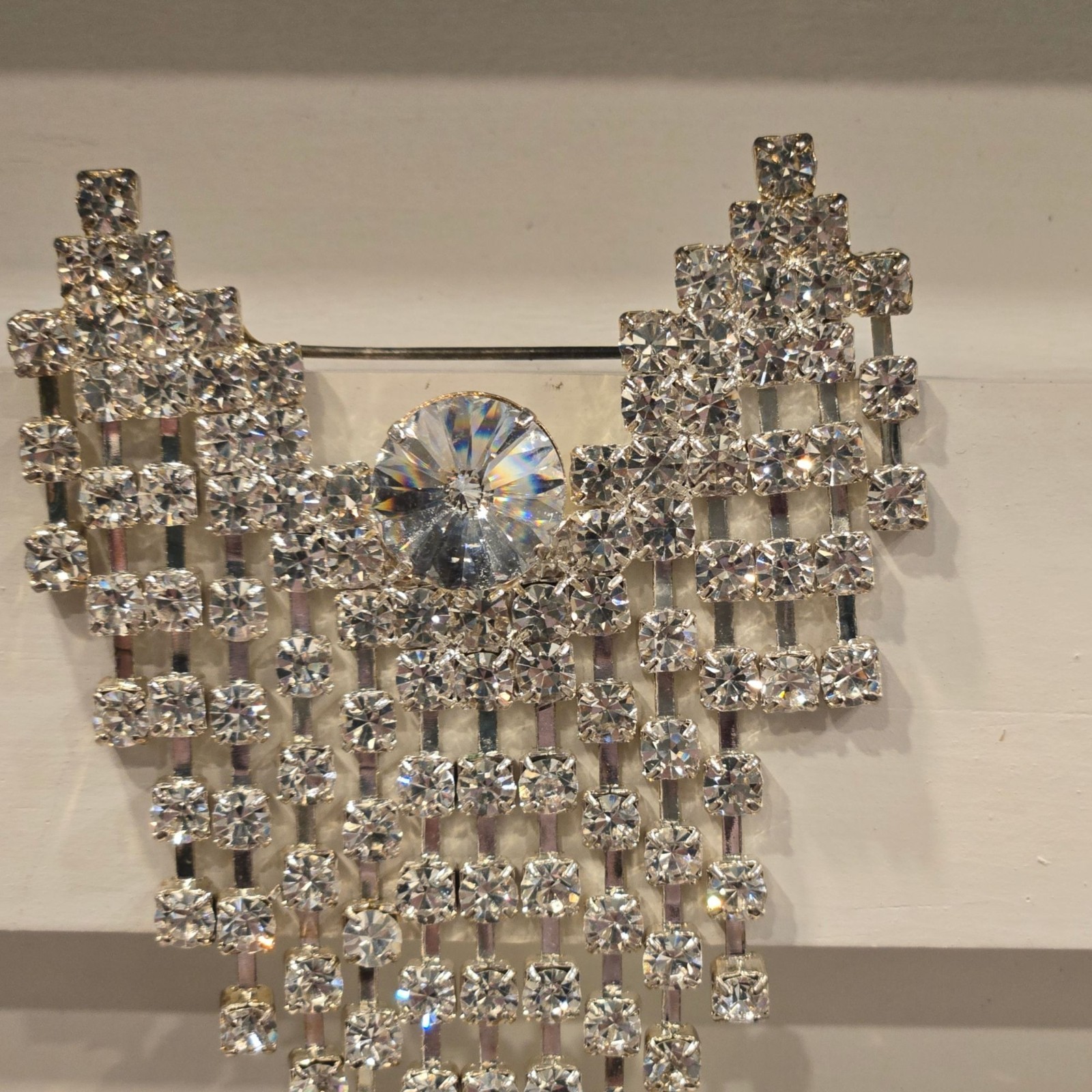 Antique Dramatic Rhinestone Brooch Cascading Fringe Rivoli Center Stone art deco