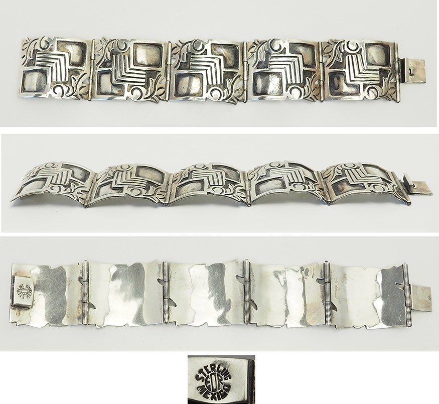 Vintage traditional design sterling silver panel bracelet Mexico