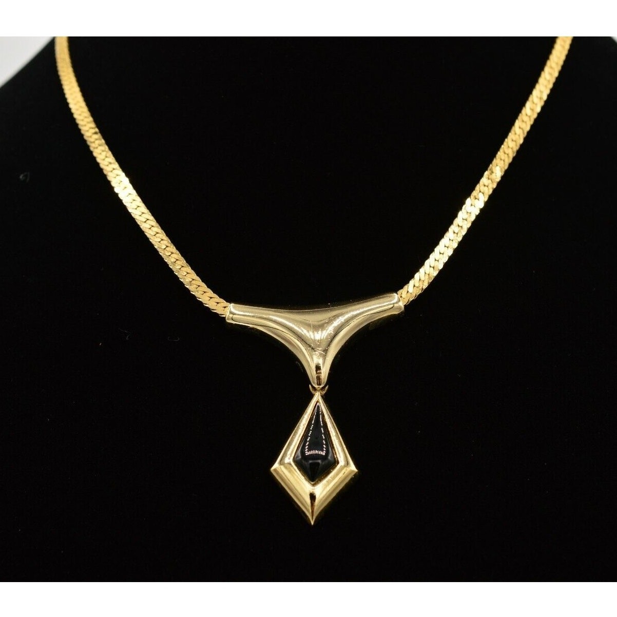 Vintage Statement Necklace Collar Gold Chain Black Dangle Pendant 1980s Bin2