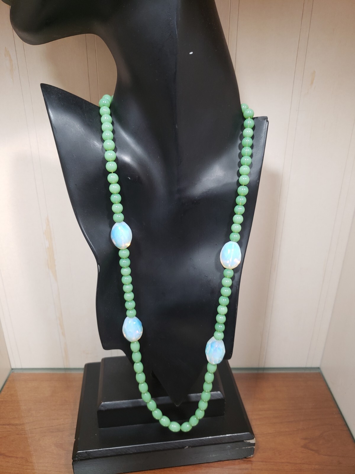 Vintage Opaline and Sage Green Glass Bead Necklace 29″