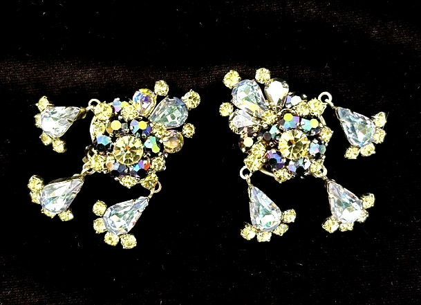 Fabulous Vintage Silver Tn BLUE AB Rhinestone Cluster Drop Clip Earrings AUSTRIA