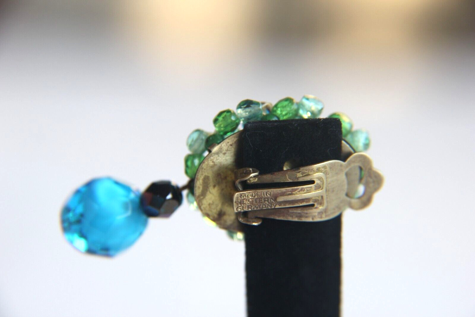 Vintage W Germany Dangle Cluster Clip Earrings Blue & Green Glass Faceted Beads