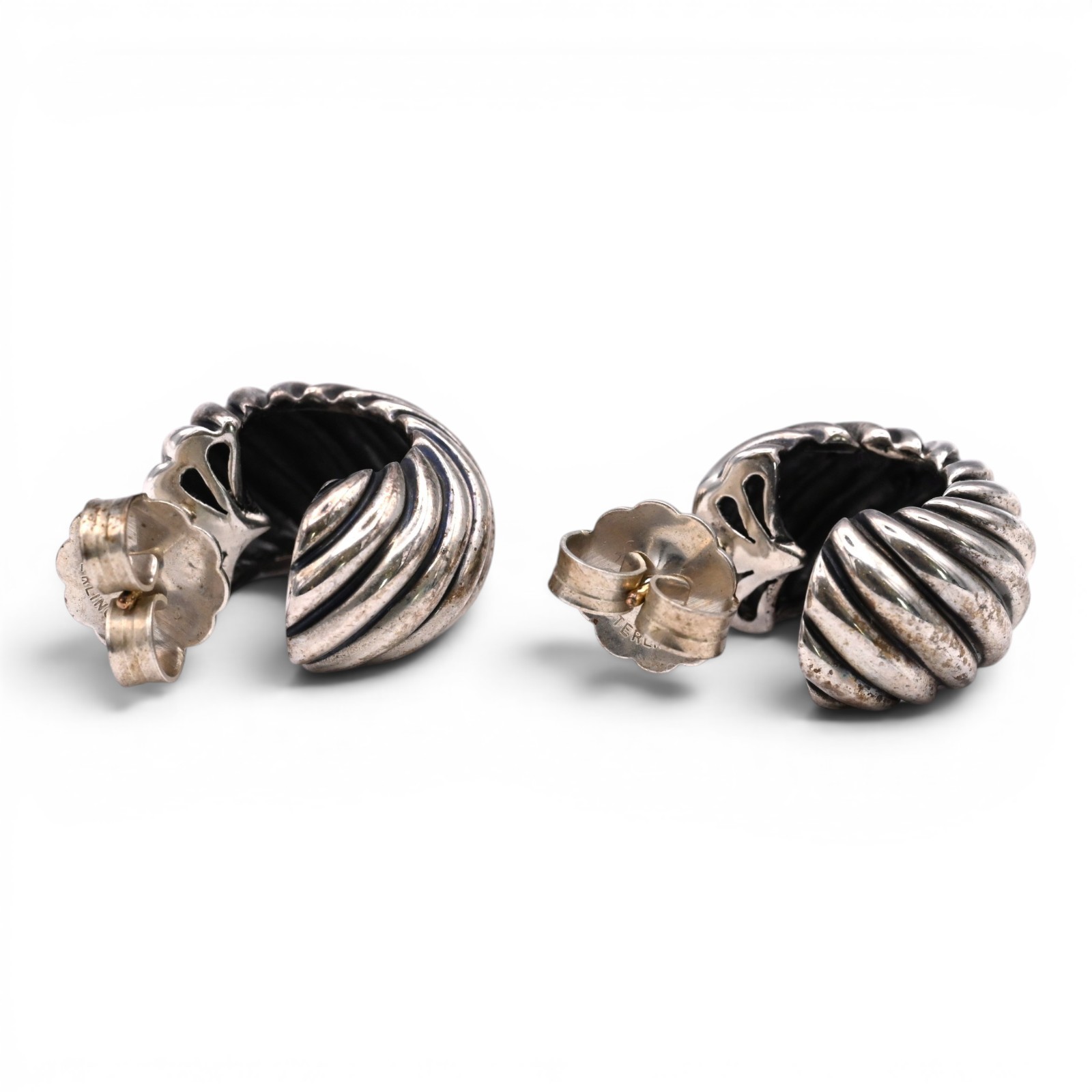 VINTAGE DAVID YURMAN CABLE SHRIMP HOOP EARRINGS STERLING SILVER 14K GOLD SIGNED