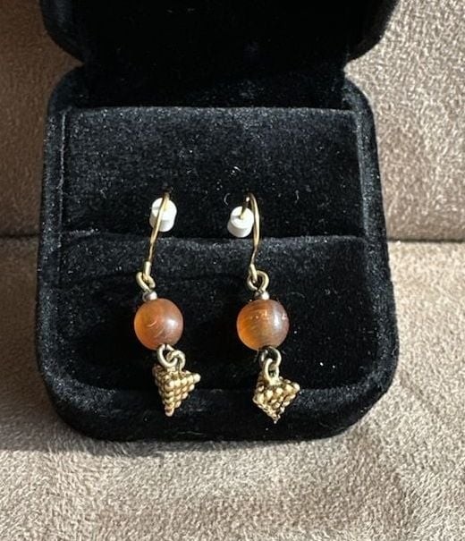Vintage Style Gold Tone Earrings with Amber-Colored Glass Bead and Grape Cluster