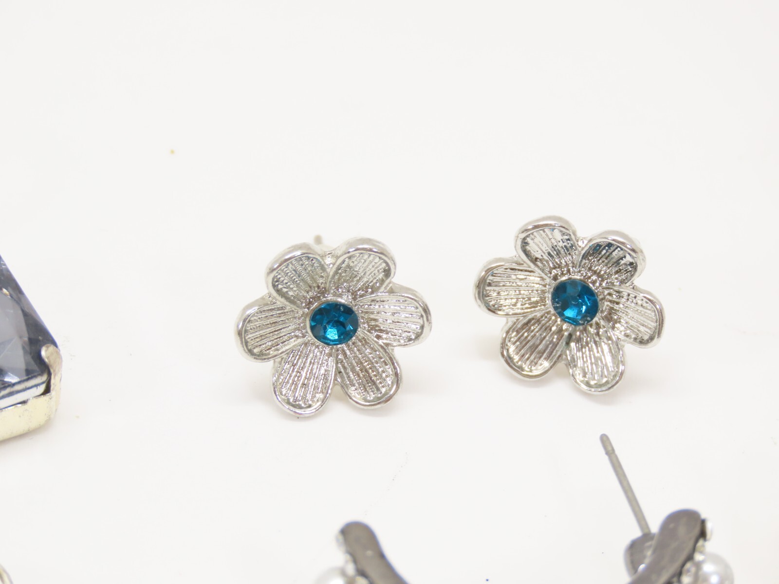 VTG Dangle Earrings Lot Pierced 1 Clip Silver Tone Blue Clear Rhinestones D2115