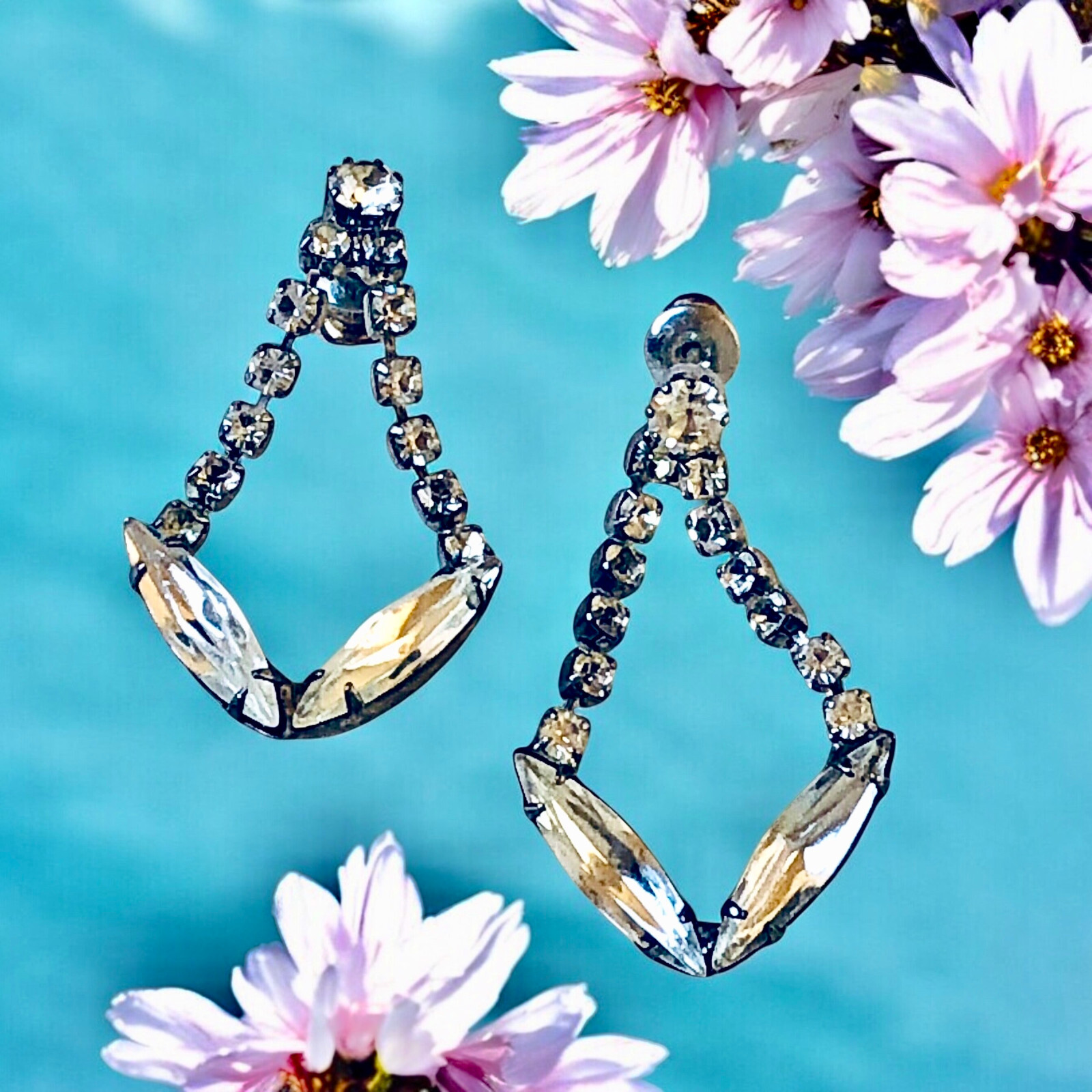 Vintage Rhinestone Earrings Prong Set Dangling Pierced Studs