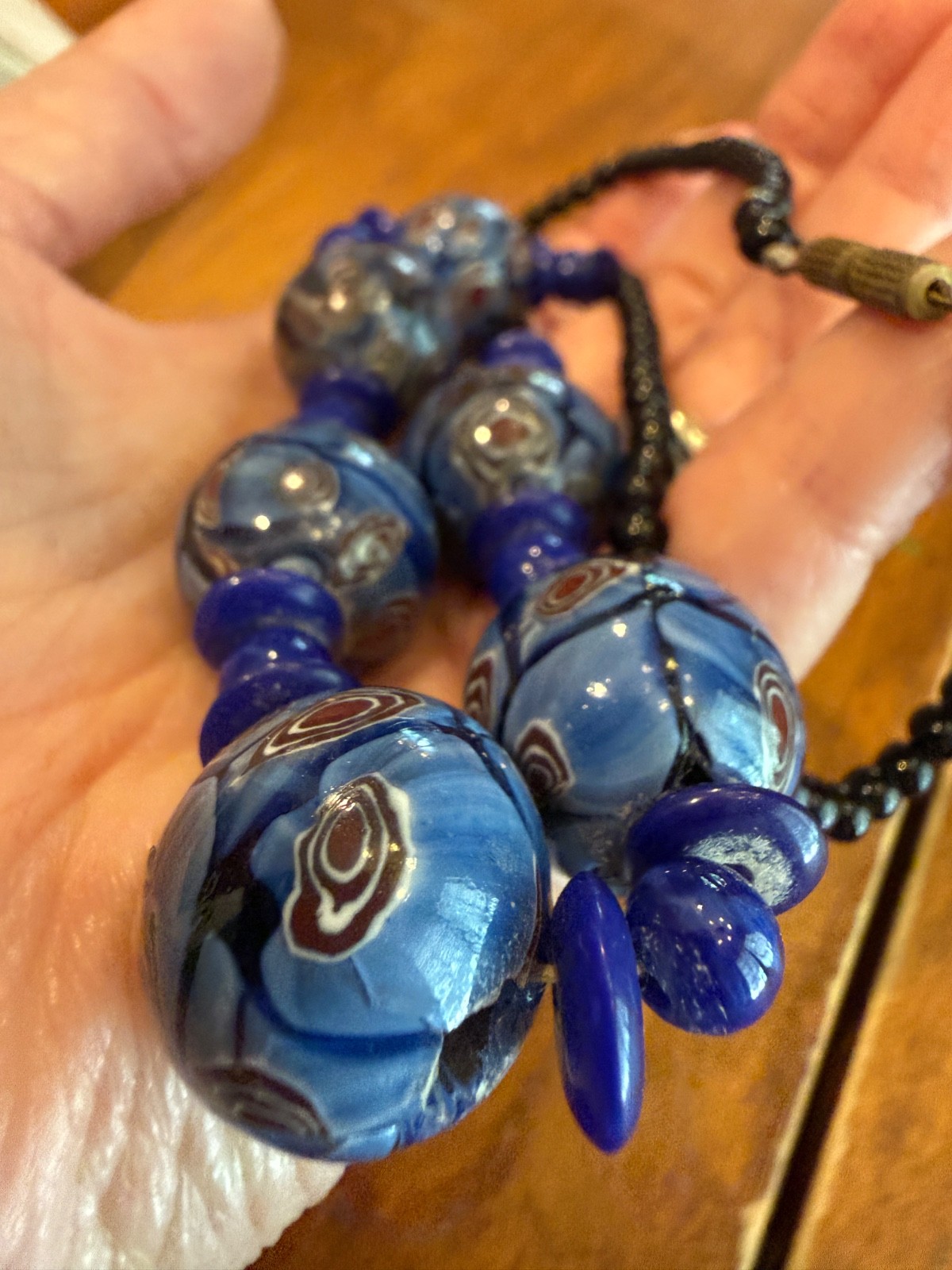 Vintage Blue Glass Bead Necklace Lampwork Excellent 19 inches European