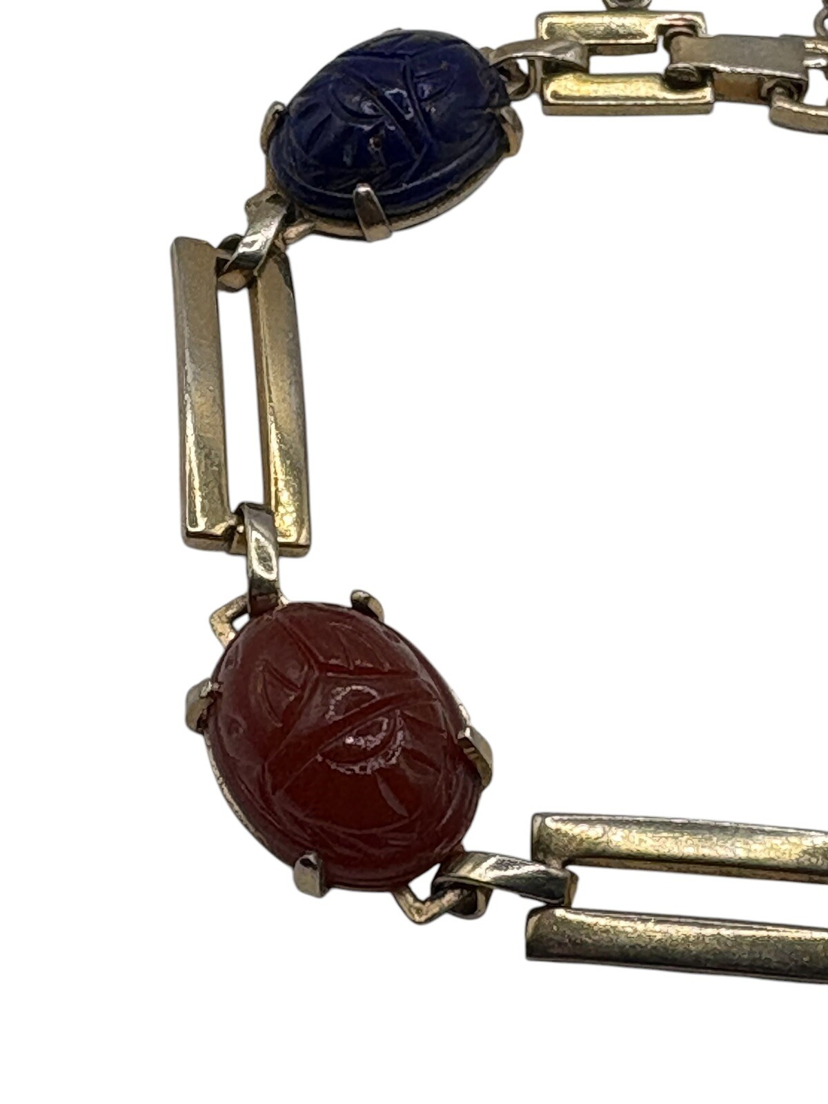 Vintage Egyptian Revival Carved Glass Scarab Bracelet Safety Chain READ