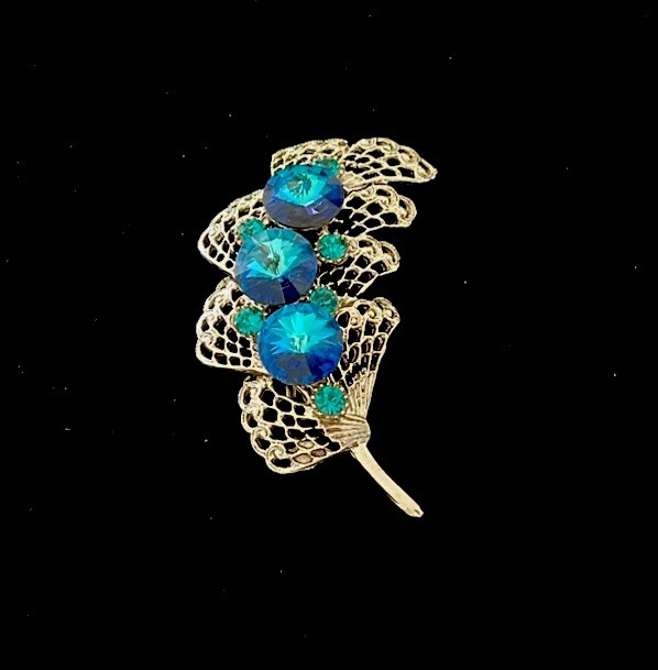 Vintage Rivoli Crystal Peacock Blue Green Silver Tone Feather Leaf Fan Brooch
