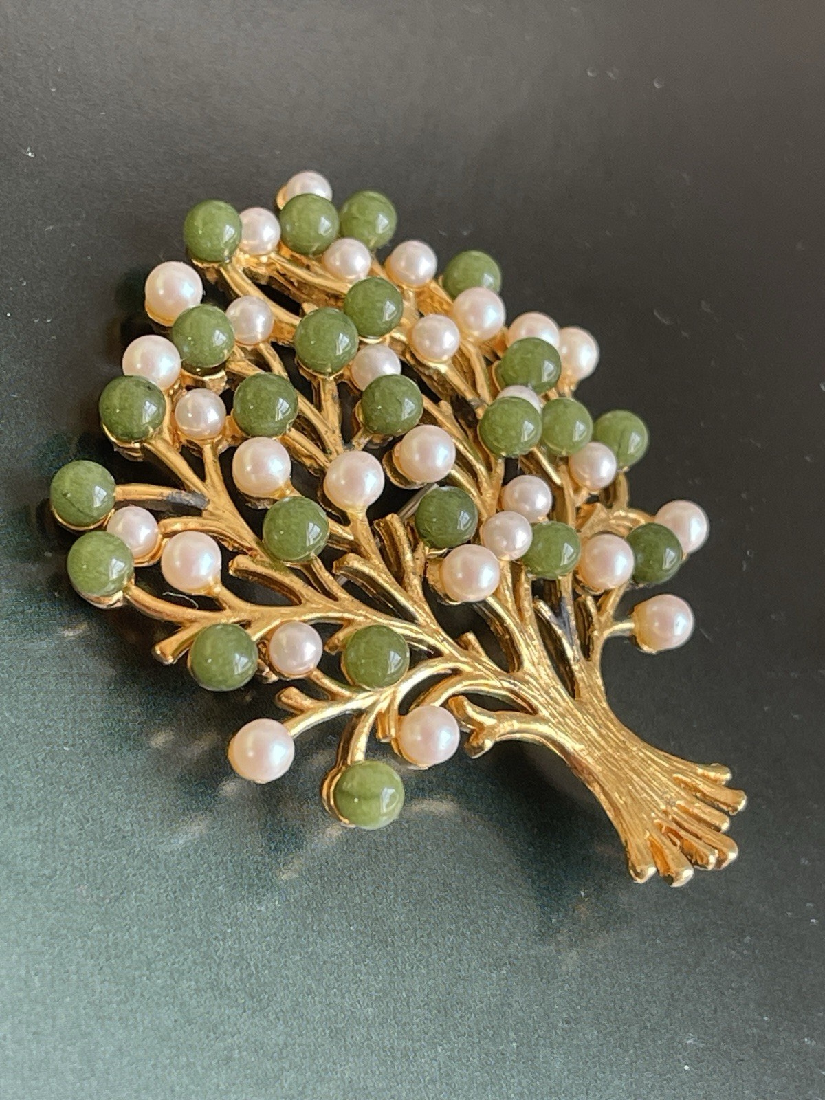 Vintage tree of life brooch green jade- like stone&pearl beads Swoboda style