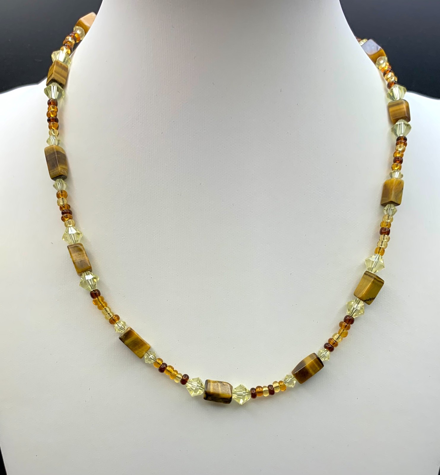 Hand Crafted Necklace Tiger’s Eye Gemstone and Crystal Beads 15″