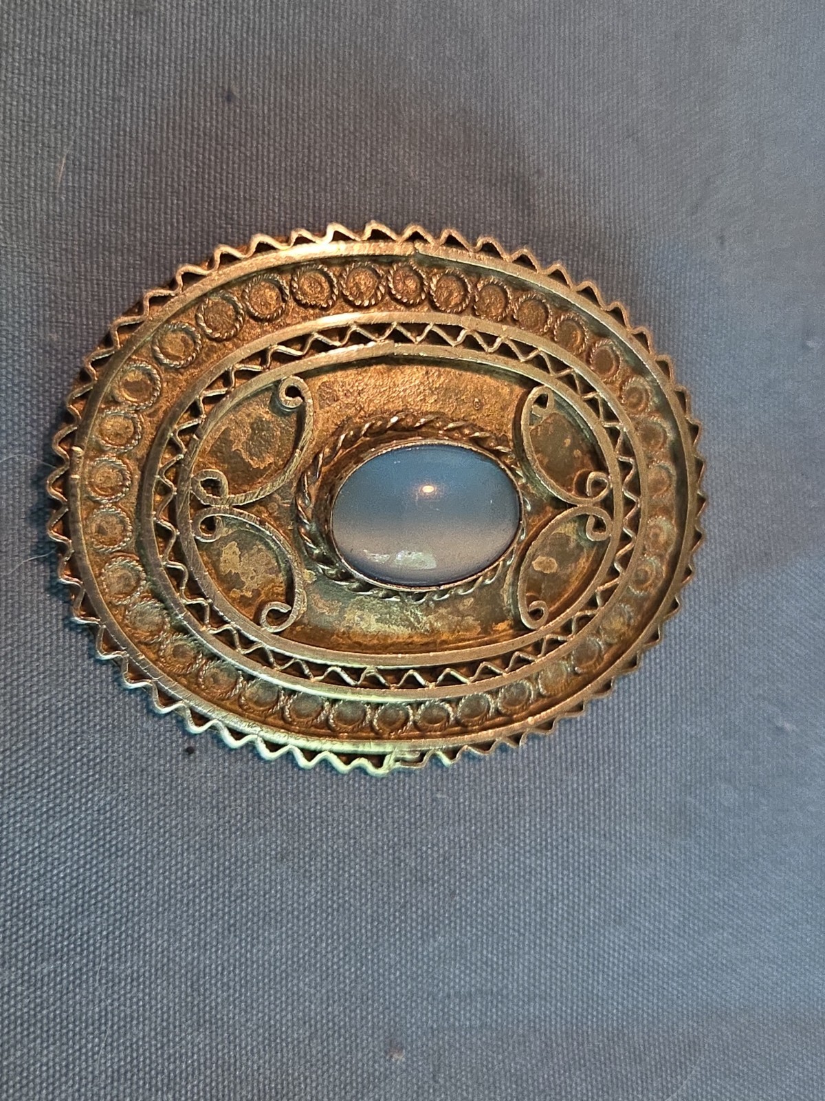 Vintage Sterling Silver Brooch Marked Israel With Blue Calchony Stone