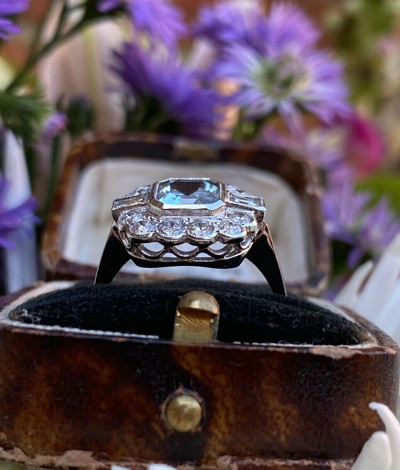 4Ct Art Deco Style Aquamarine Lab Created Diamond Wedding 14K White Gold FN Ring
