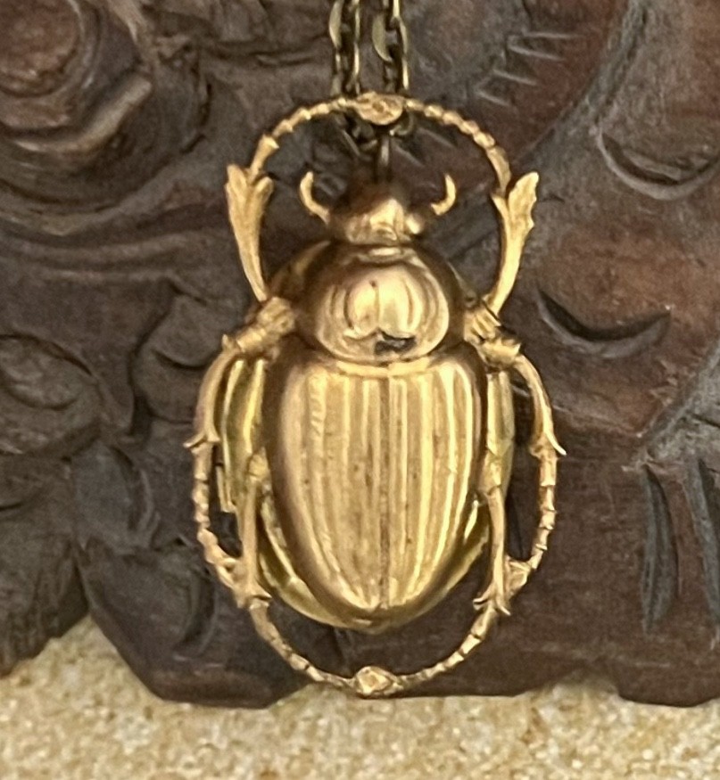 Scarab Necklace W/ Hidden Locket Stashbox Large Brass Egyptian Revival Pendant