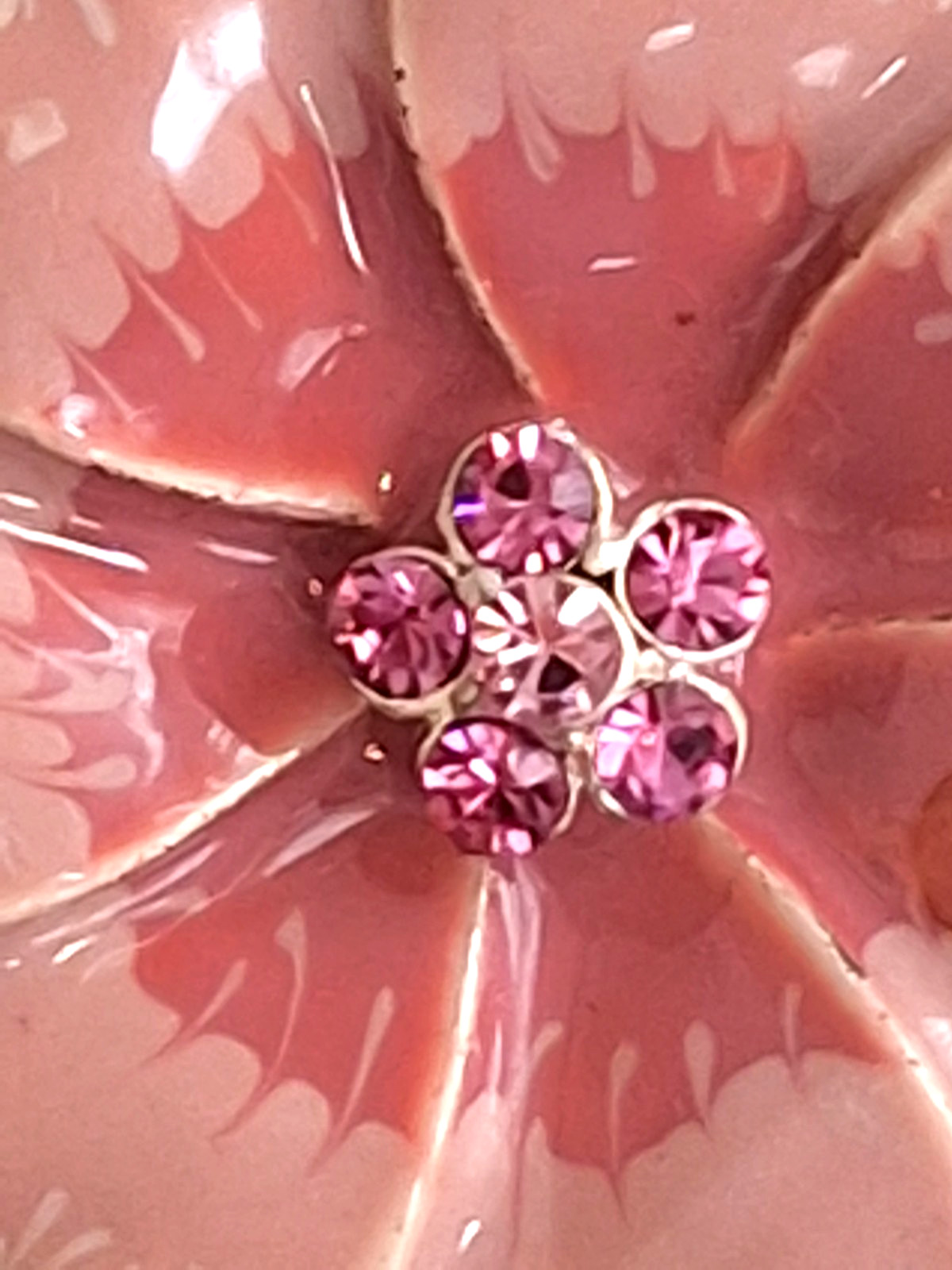 Pink Enamel Rhinestone Silver Tone Metal Flower Brooch Vintage Nice!