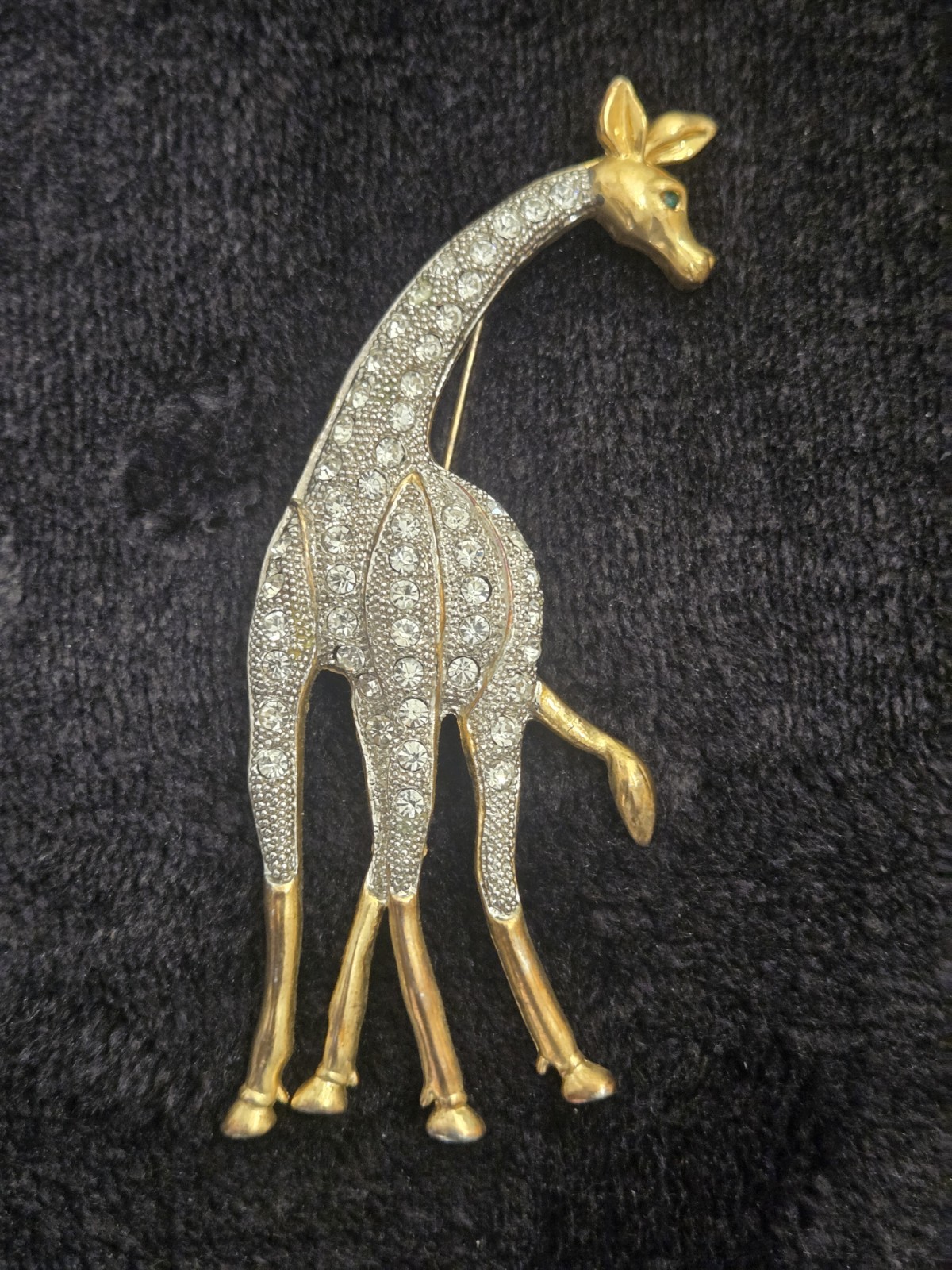 Vintage Rhinestone Giraffe Brooch Gold Tone Pin Green Rhinestone Eye 🦒