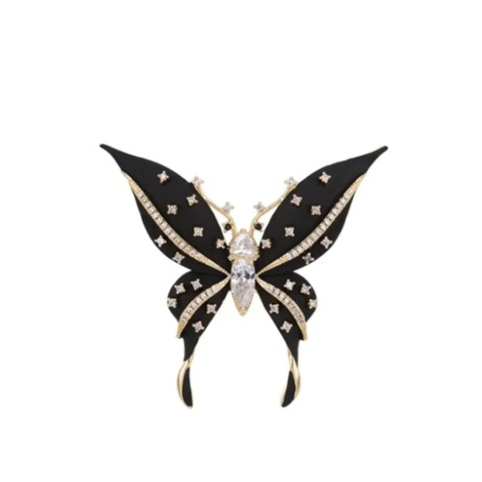 Vintage Black Enamel Butterfly Brooch Gold Tone Crystal Rhinestone Pin