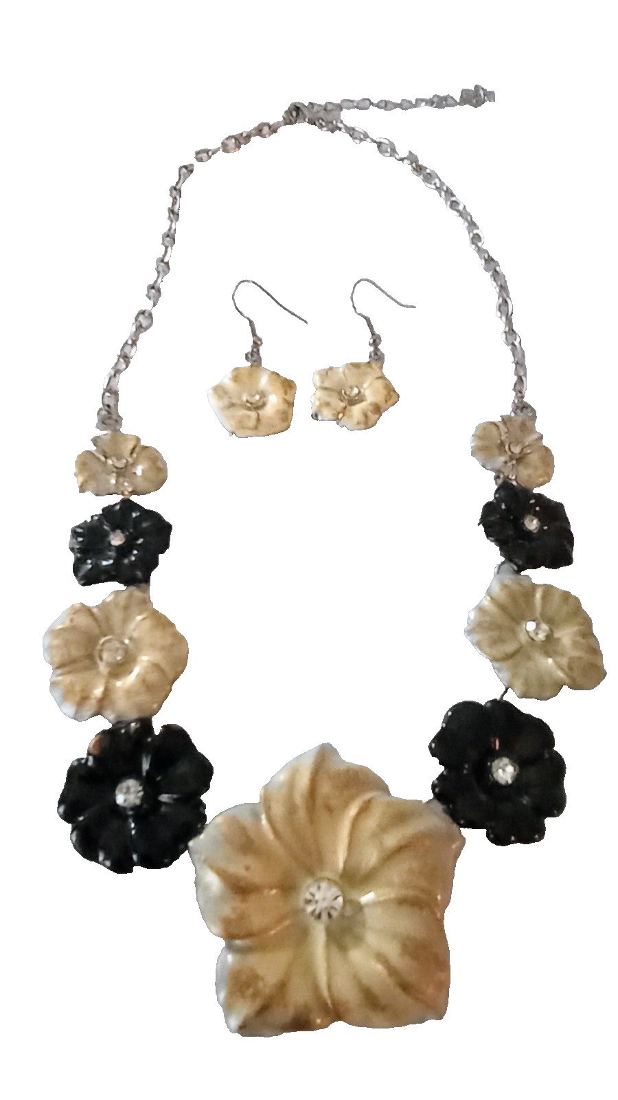 Vintage Floral Enamel Necklace Earrings Set Black Antiqued Cream 15 to 18 in