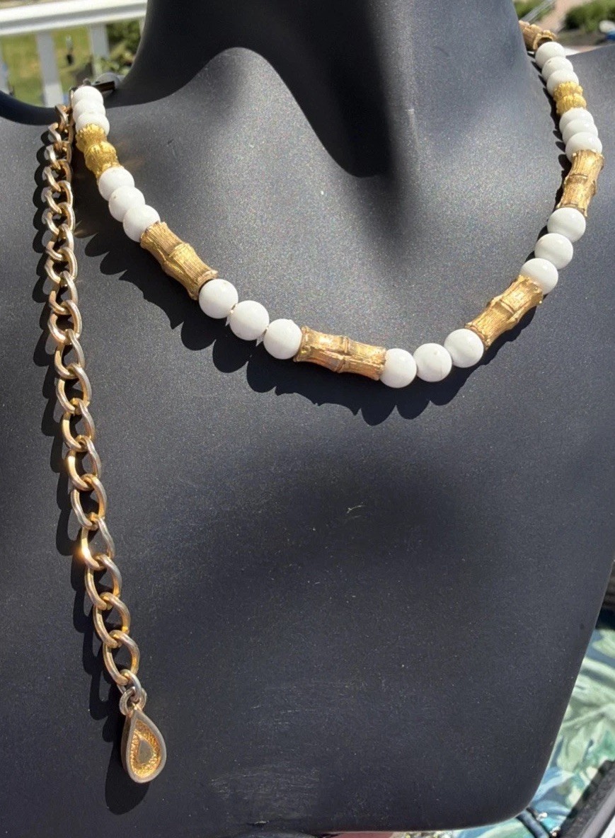 Vintage 18″ Hong Kong Goldtone Bamboo And Round White Bead Necklace Hook Clasp