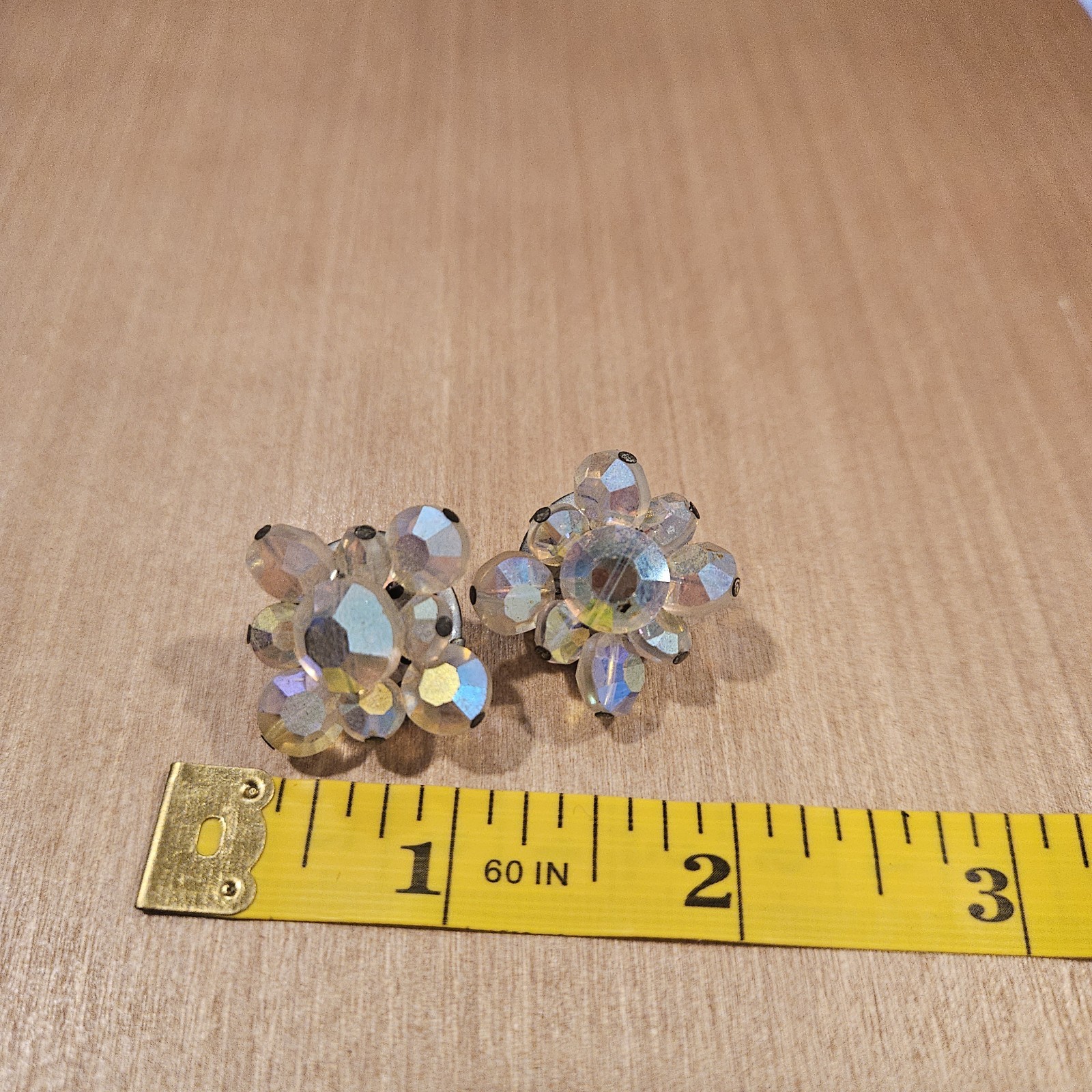 Vintage AB Crystal Flower Cluster Clip Earrings Heavy Glass Aurora Borealis