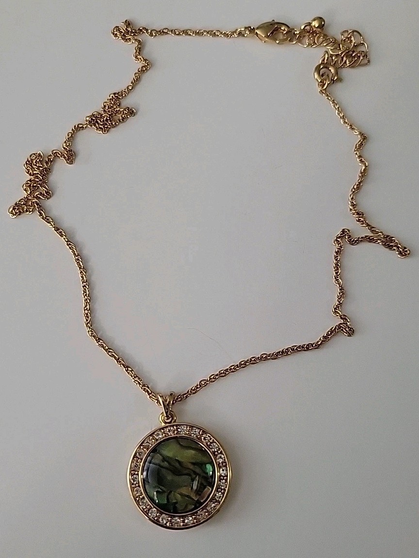 Vintage Nina Ricci Rhinestone Abalone Pendant Necklace 17″ w/3in. Extender