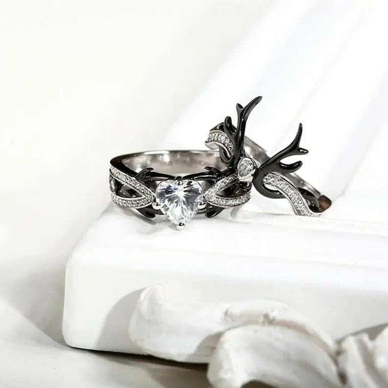 Beautiful Deer Antler Wedding Ring Set or Women With Heart Cut Moissanite Silver