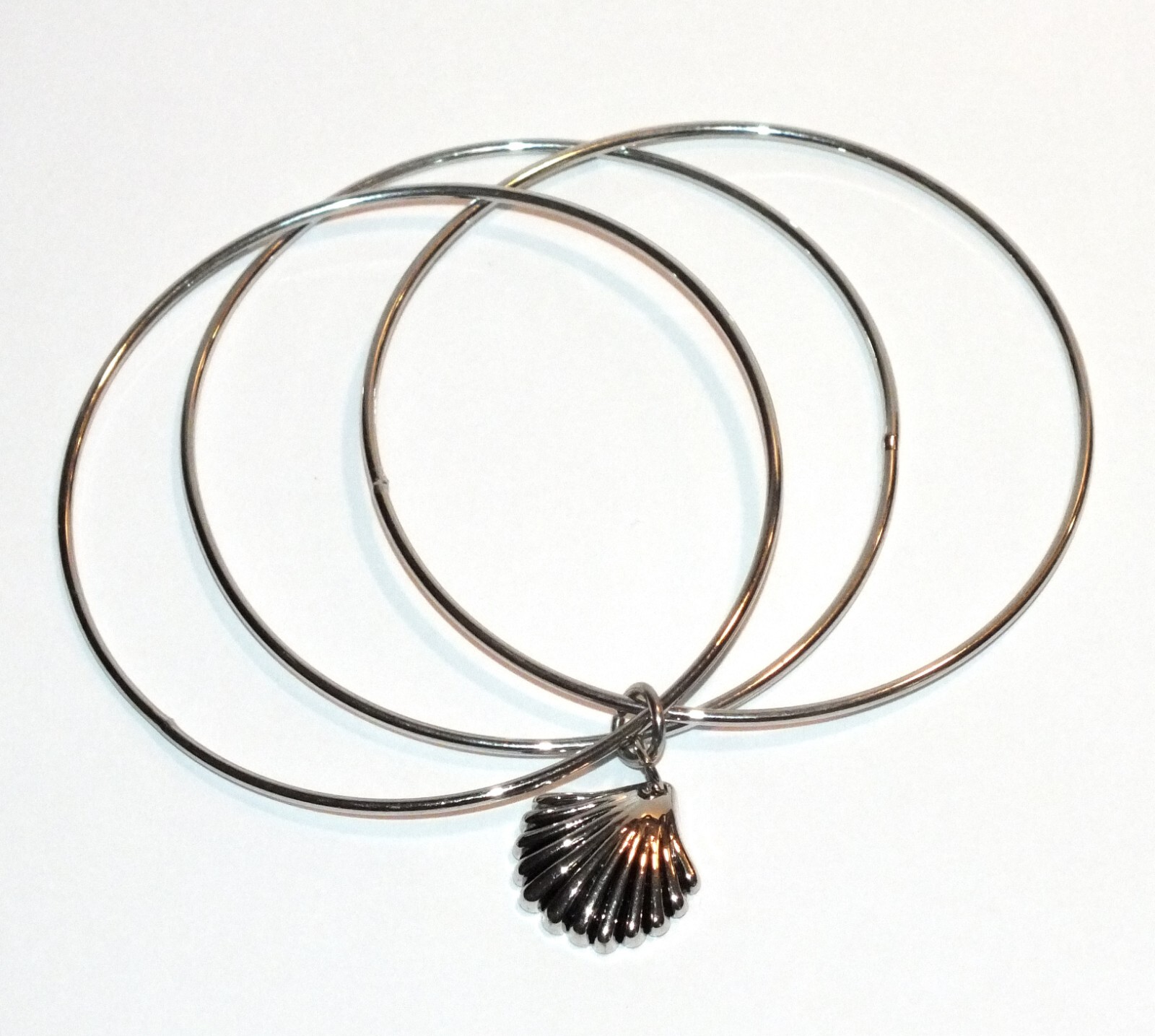 Silver Tone Bangle Bracelet 3 Bracelets Shell Charm Nautical Themed Jewelry J503