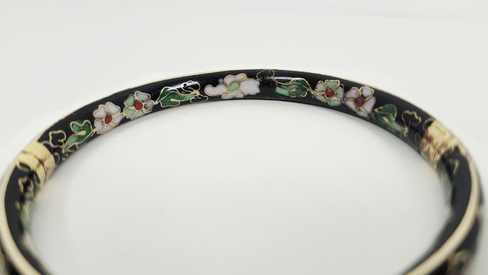 Vintage Chinese Black Cloisonné Enamel Bangle Bracelet Floral Hinged Gilt Brass