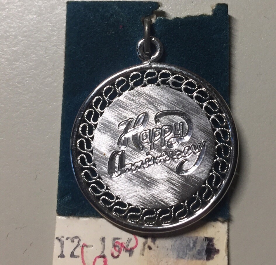 Vintage 1960s Griffith Sterling Happy Anniversary Engraved Reticulated Charm NOS