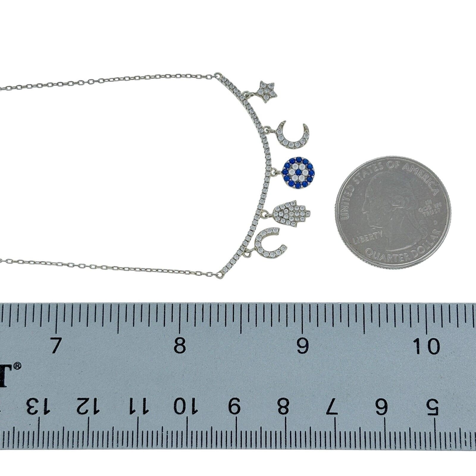 China Sterling Silver 925 Lucky Charm Blue White Crystal Bib Necklace 16″-18″