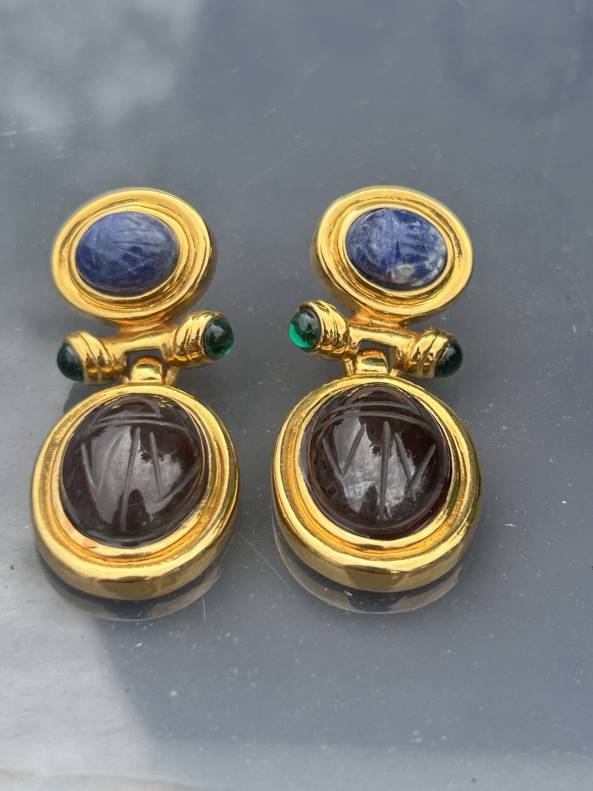 Unsigned GIVENCHY Carved Scarab Earrings Lapis Carnelian Emerald Green Cabochon