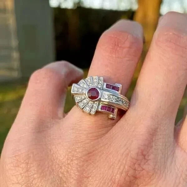 Art Deco Round Cut Lab Created Diamond Engagement 14K White Gold Finish Ring