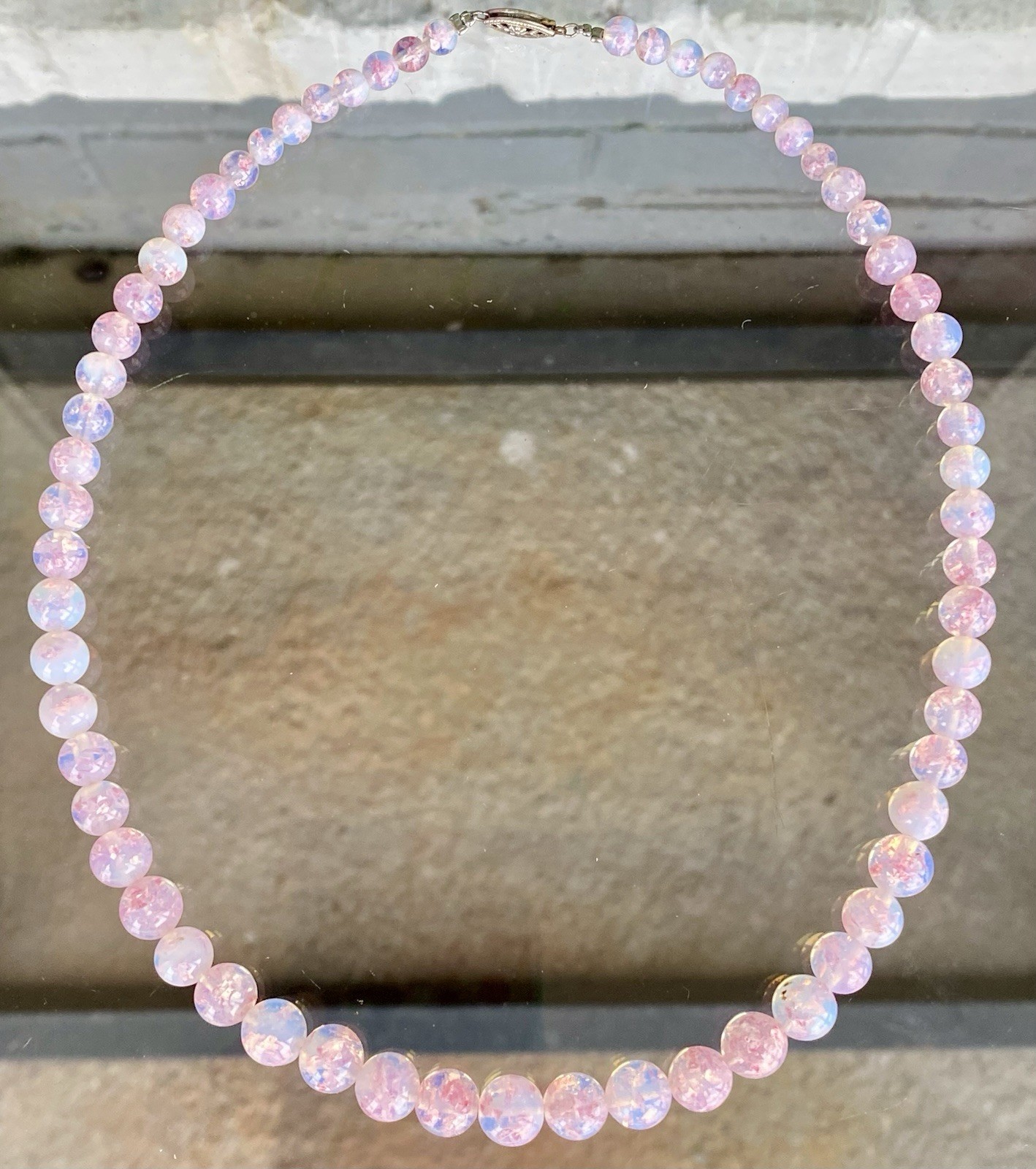 Vtg Opalescent Foil Pink Blue Glass Graduated Necklace Sterling Silver Clasp