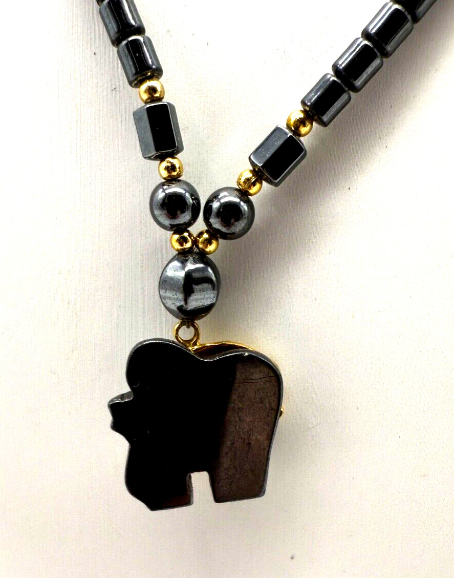 Vintage Hematite & Brass Lucky Elephant Necklace Amulet w/ fish hook clasp 16″