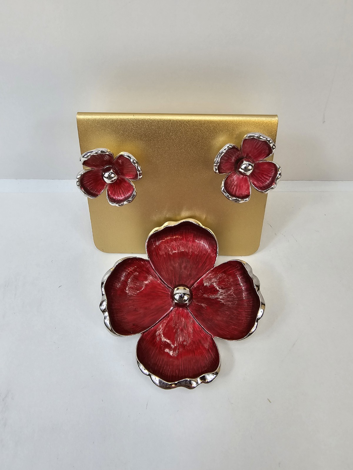Vintage Kramer Red Enamel Flower Brooch Pin And Earrings Set