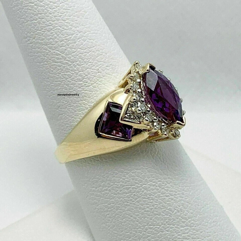 Art Deco Marquise Cut Amethyst & Lab Created Diamond Engagement 925 Silver Ring