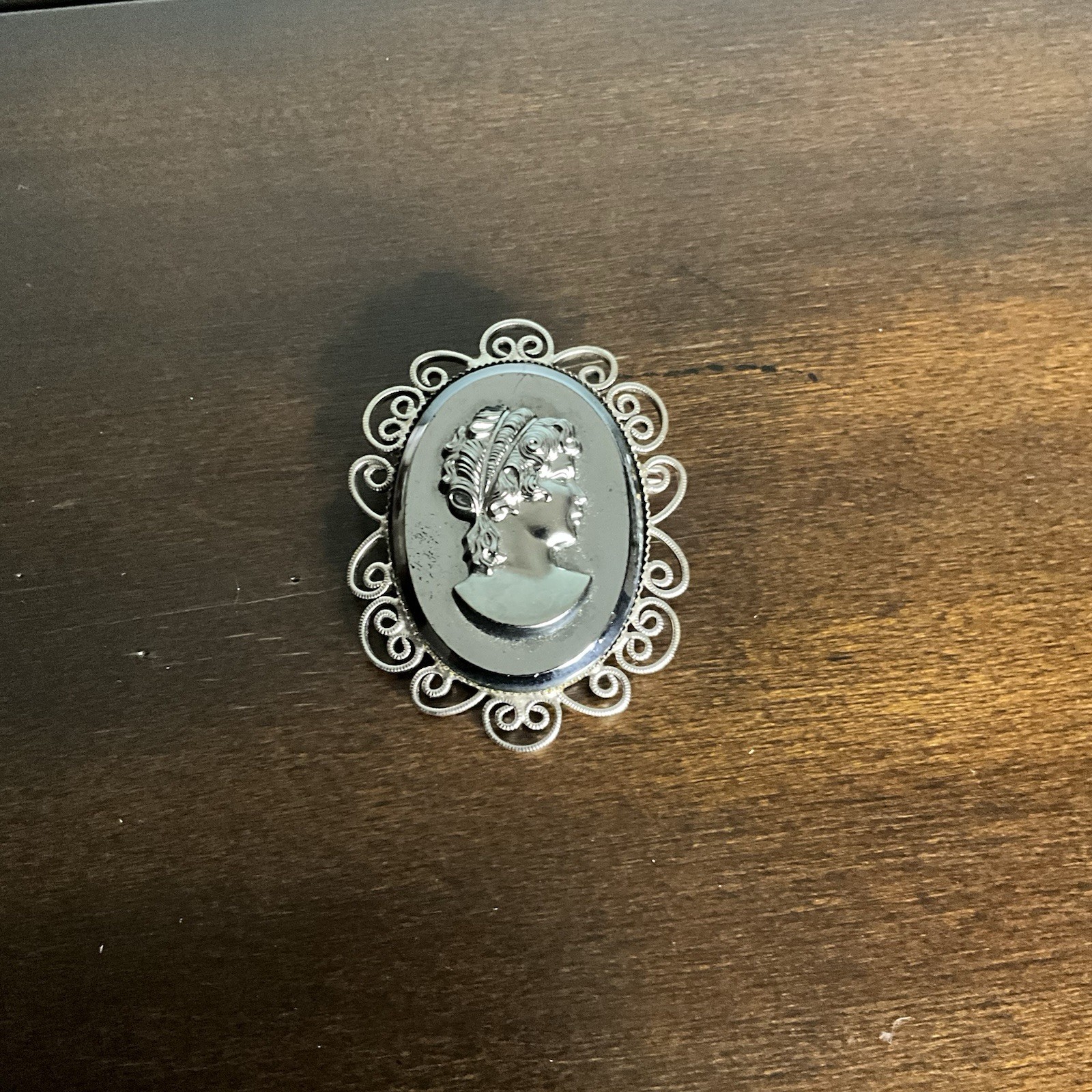 Vintage Hematite Cameo Brooch / Pendant, Silver / Black