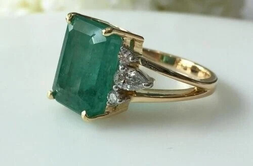 5.90.Ct Natural Emerald Art Deco Vintage Engagement Ring 14K Yellow Gold Over