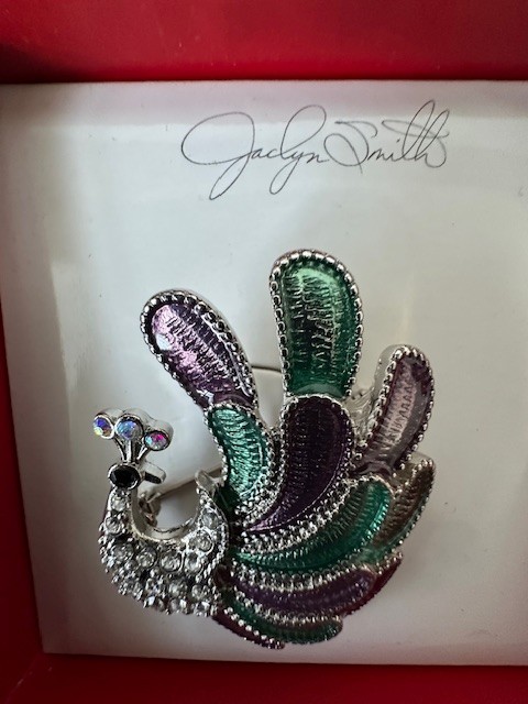Vintage Jaclyn Smith Peacock Brooch Enamel Rhinestone Silver-Tone