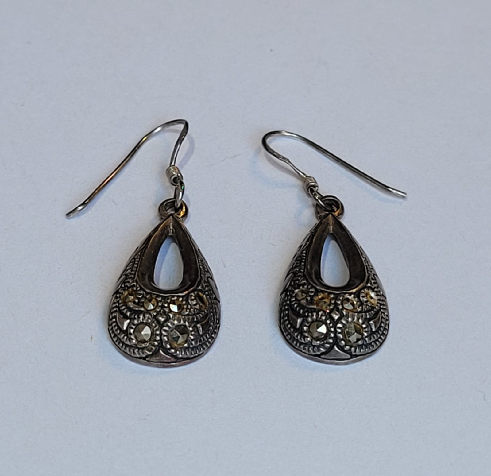 Sterling Silver Ornate Teardrop Shaped Earrings Pierced With Wire Hook Vintage