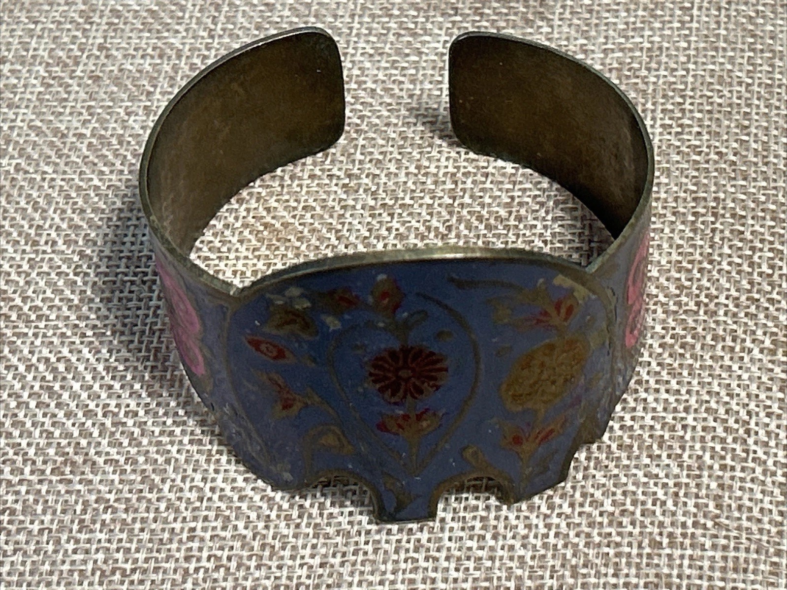 Vintage India Brass Enamel Painted Cuff Bracelet Elephant Floral Boho Blue VTG